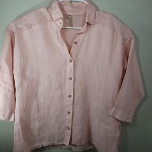 XCVI 100% Linen Button Up Shirt Womens S Peach Pink 3/4 Sleeve Raw Hem Coastal